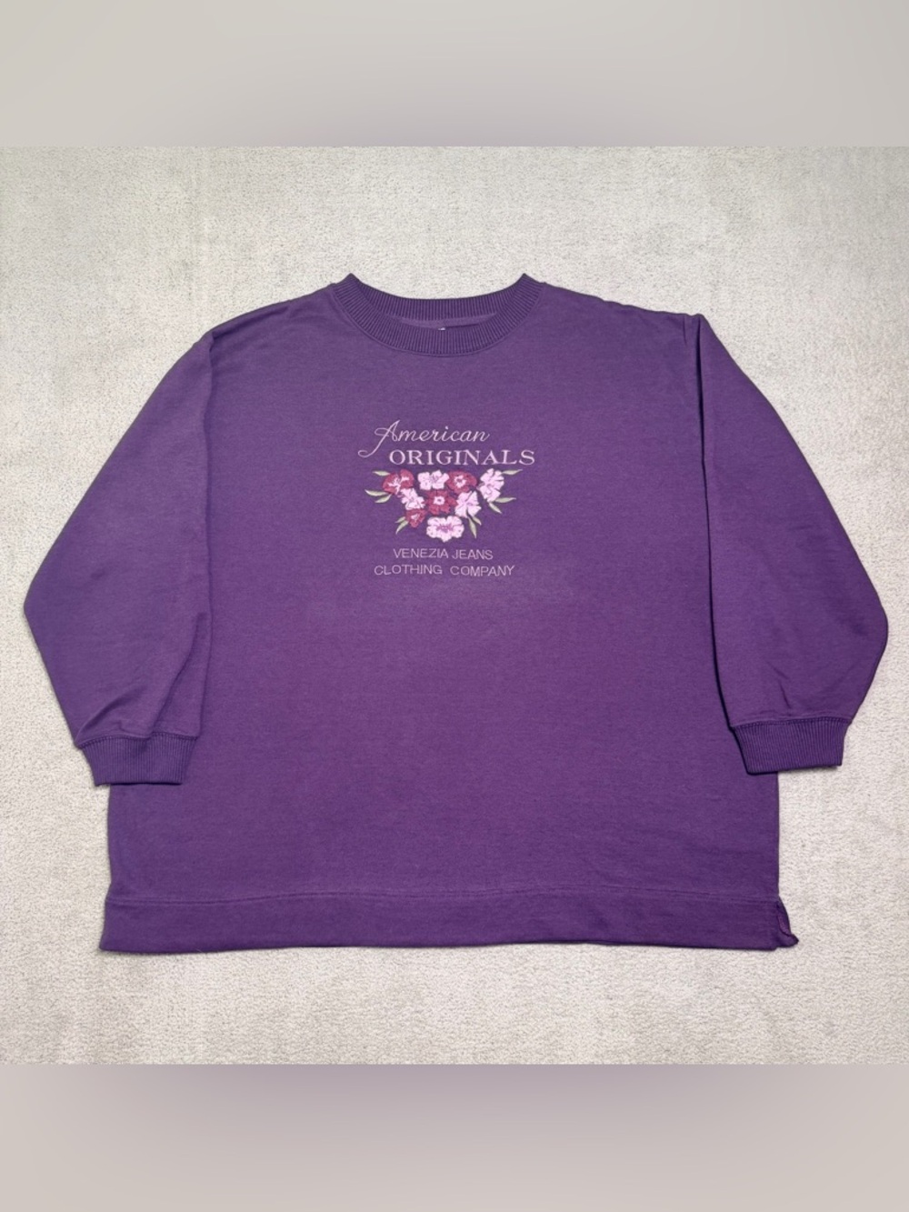 Venezia Jeans Crewneck Sweatshirt Women’s 14/16 Purple Floral Logo Embroidery